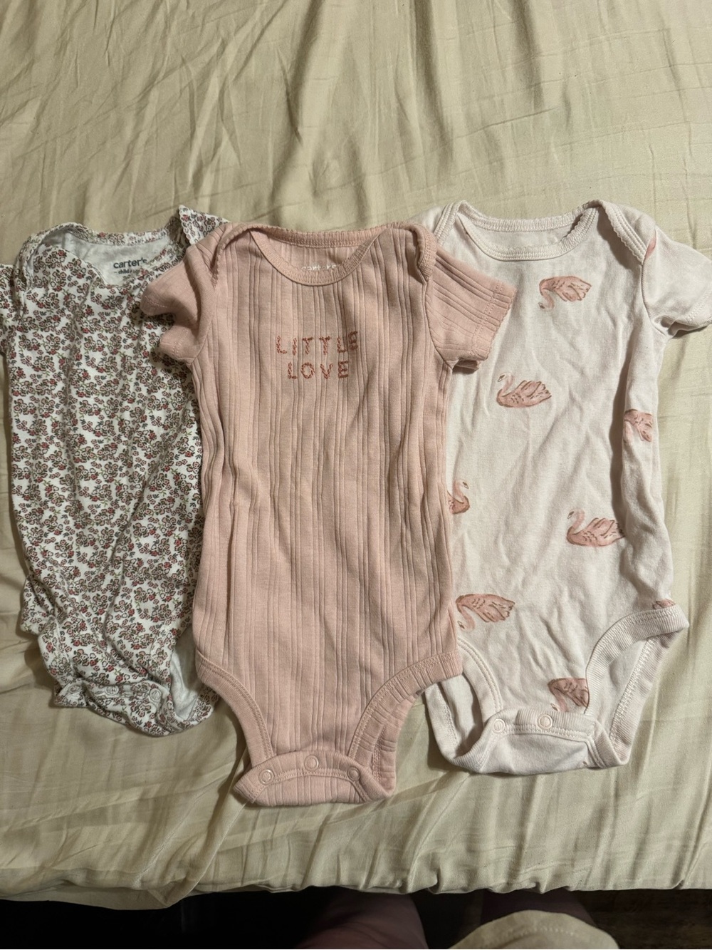 Carter's Trio of Pink Baby One-Pieces — Ribbed Embroidered & Printed Styles